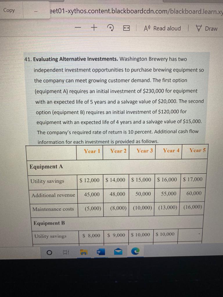  Copy eet01-xythos.content.blackboardcdn.com/blackboard.learn.x + A' Read aloud Draw 41. Evaluating Alternative Investments.