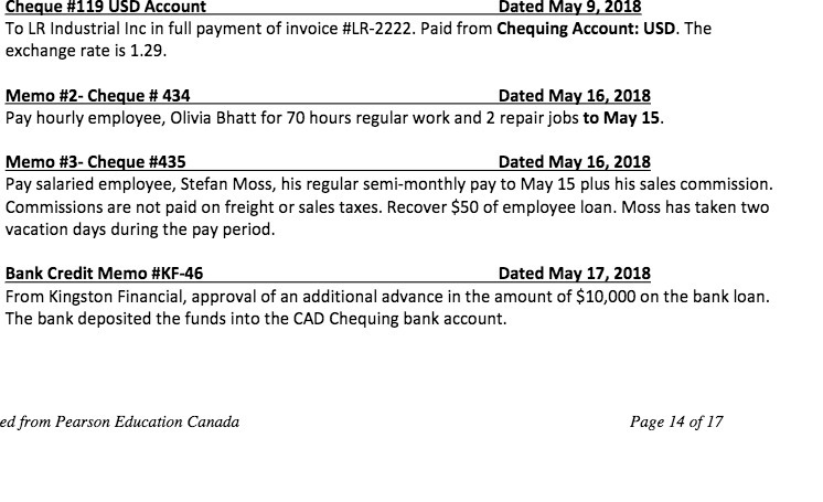  Cheque #119 USD Account Dated May 9, 2018 To LR Industrial