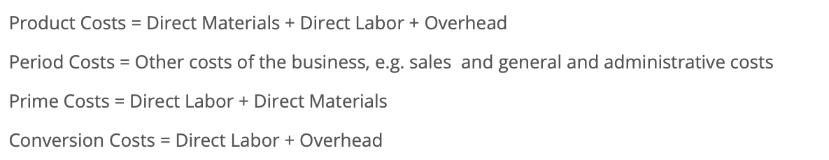  Product Costs = Direct Materials + Direct Labor + Overhead Period