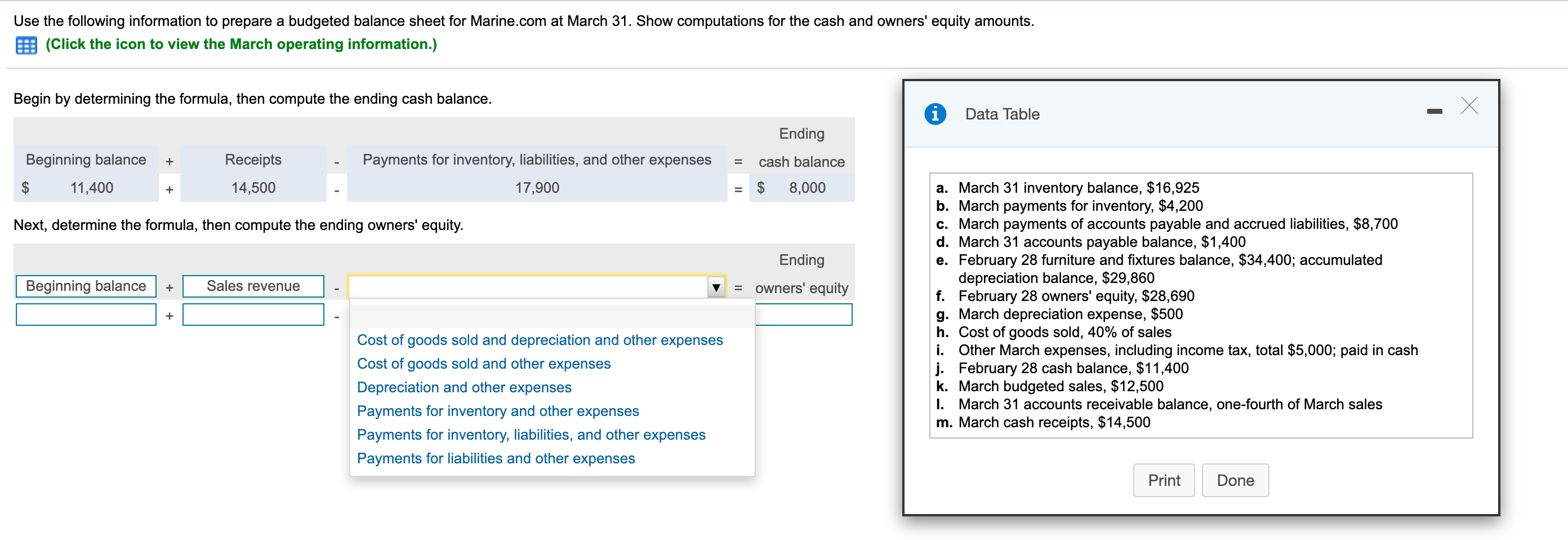 Please help with the below question.Options to compute the Ending Owners' Equity: