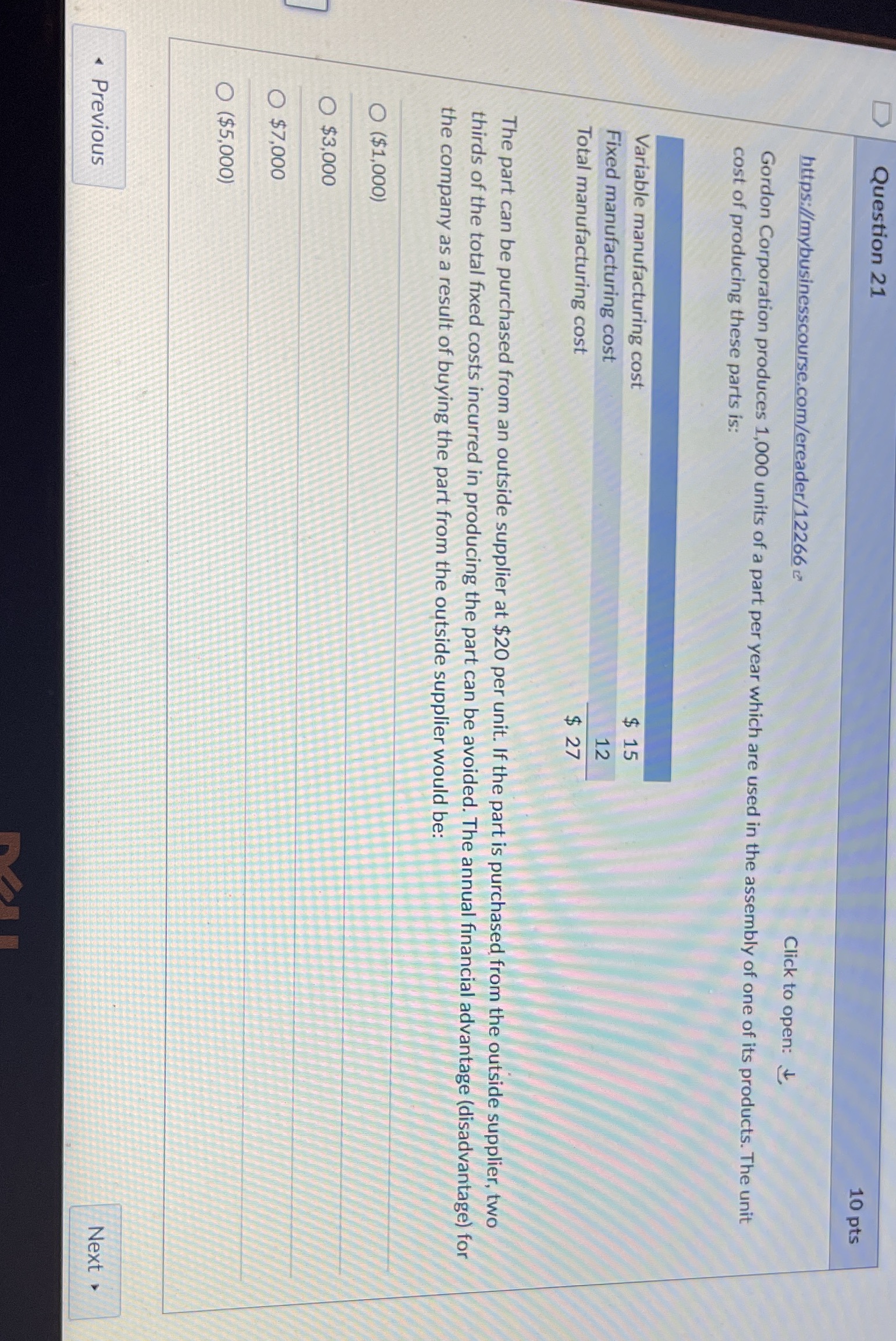 Accounting Question 21 10 pts https://mybusinesscourse.com/ereader/12266 Click to open: L Gordon Corporation