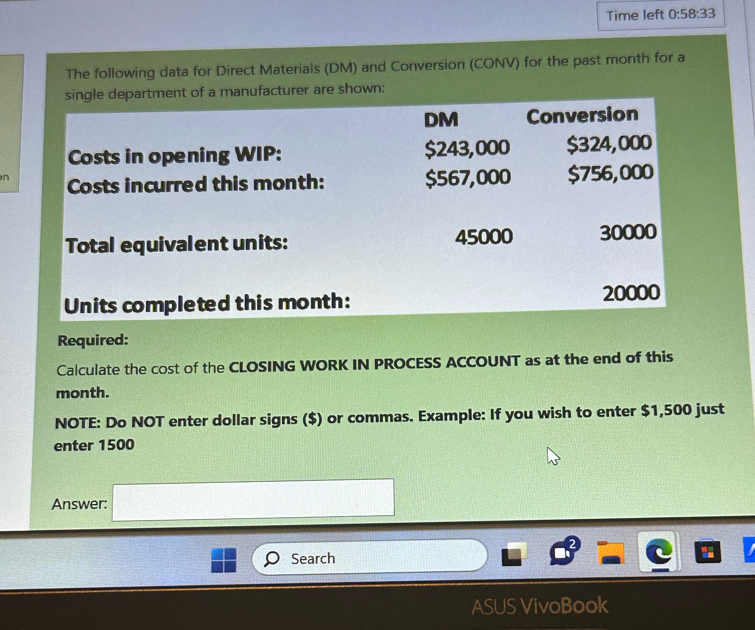  Time left 0:58:33 The following data for Direct Materials (DM) and