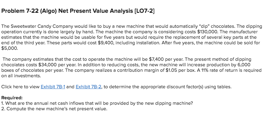 Q5........ Problem 7-22 (Algo) Net Present Value Analysis [LO7-2] The Sweetwater Candy