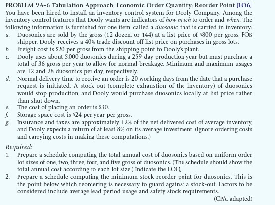  PROBLEM 9A-6 Tabulation Approach; Economic Order Quantity; Reorder Point [LO6] You