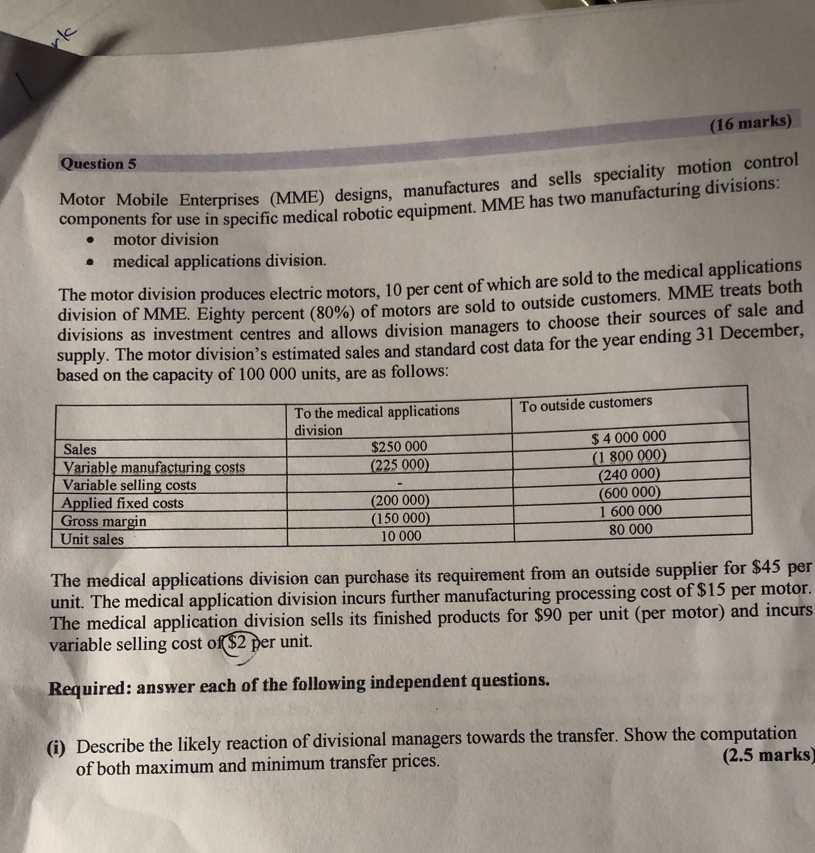 Could you please explain this (16 marks) Question 5 Motor Mobile Enterprises