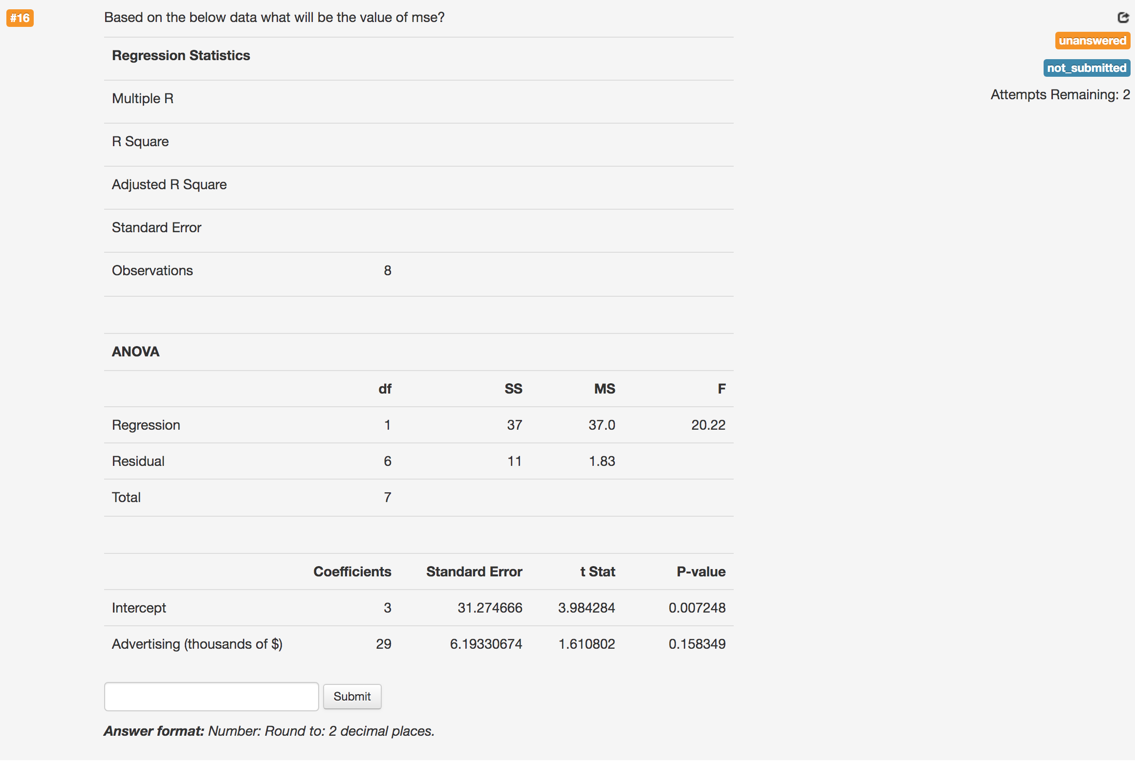 value of standard error? Regression Statistics Multiple R R Square Adjusted R