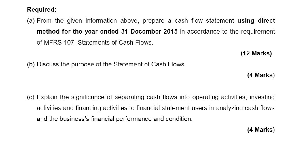  Required: (a) From the given information above, prepare a cash flow