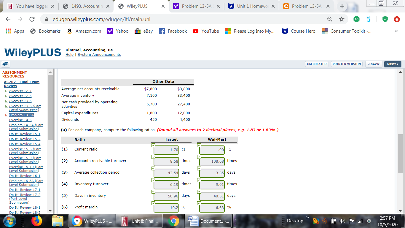 1 Homewo X C Problem 13-5A X + X C edugen.wileyplus.com/edugen/Iti/main.uni AD
