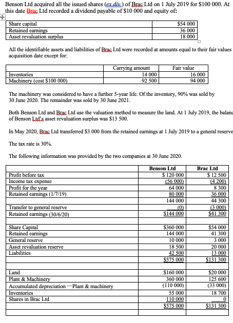 Can I have the answer in excel format? Benson Lid acquired all