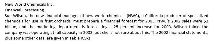 New World Chemicals Inc. Financial Forecasting Sue Wilson, the new financial manager