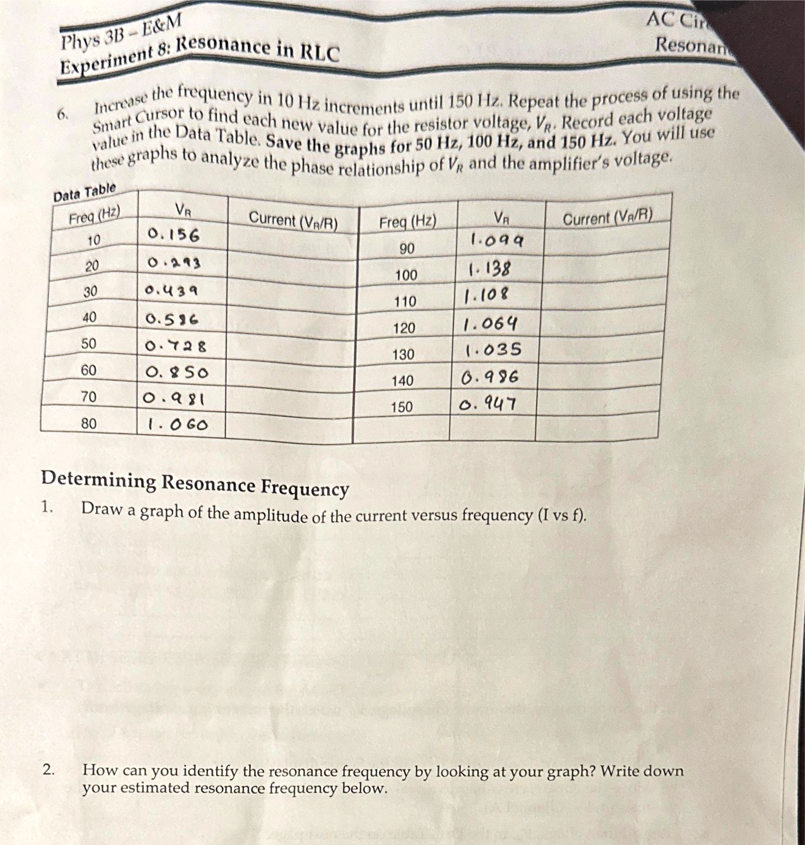 l'hys 313 fix 8: Resonance in RLC AC Cir Resonan the in