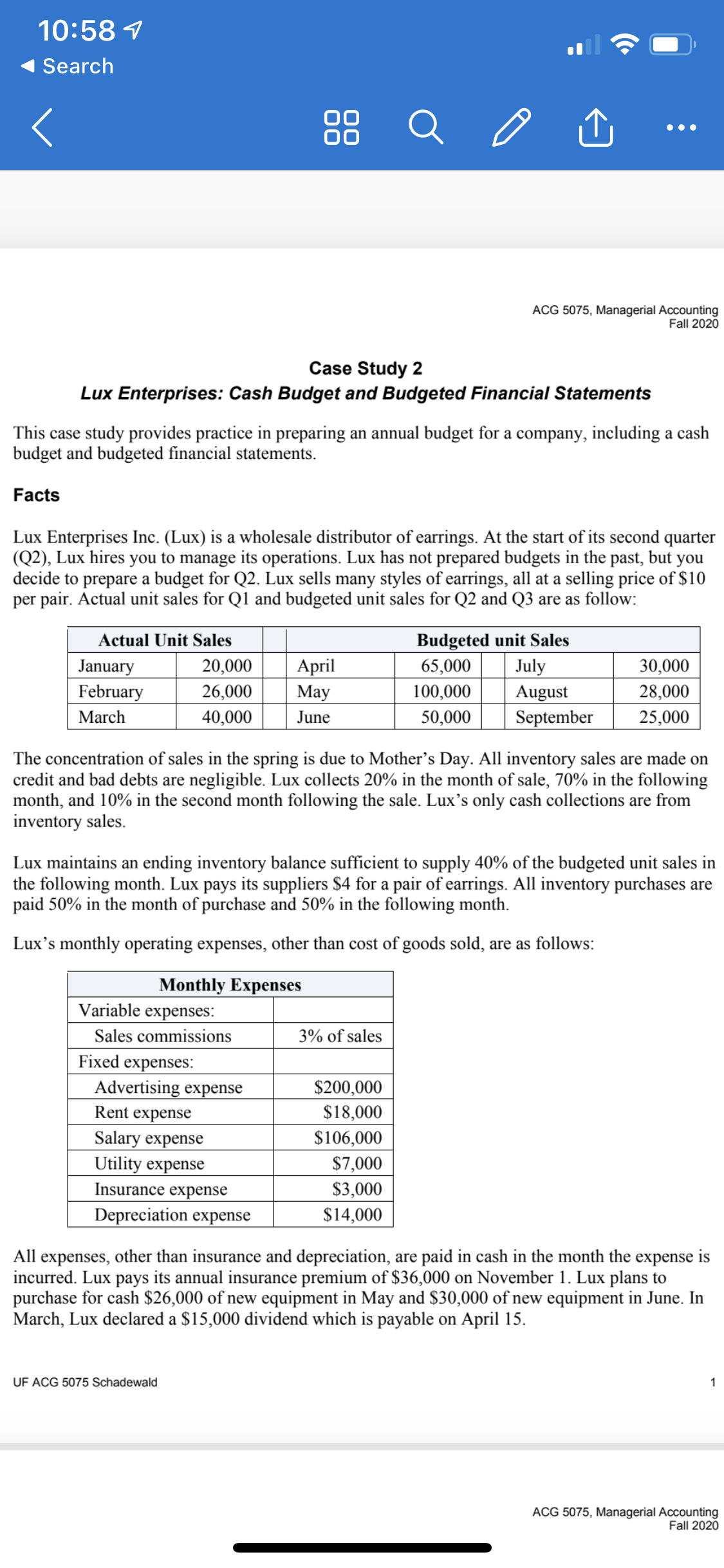 I am trying to create a master budget for the second quarter?April,