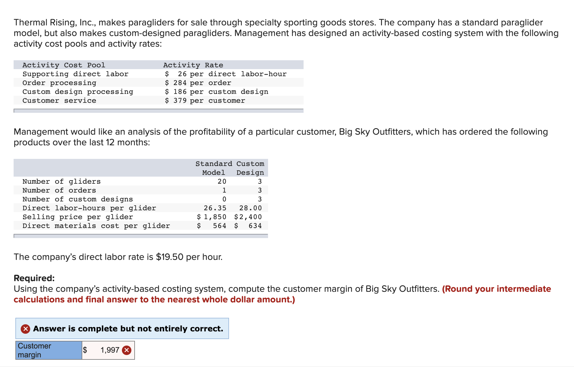 Using the company's activity-based costing system, compute the customer margin of Big