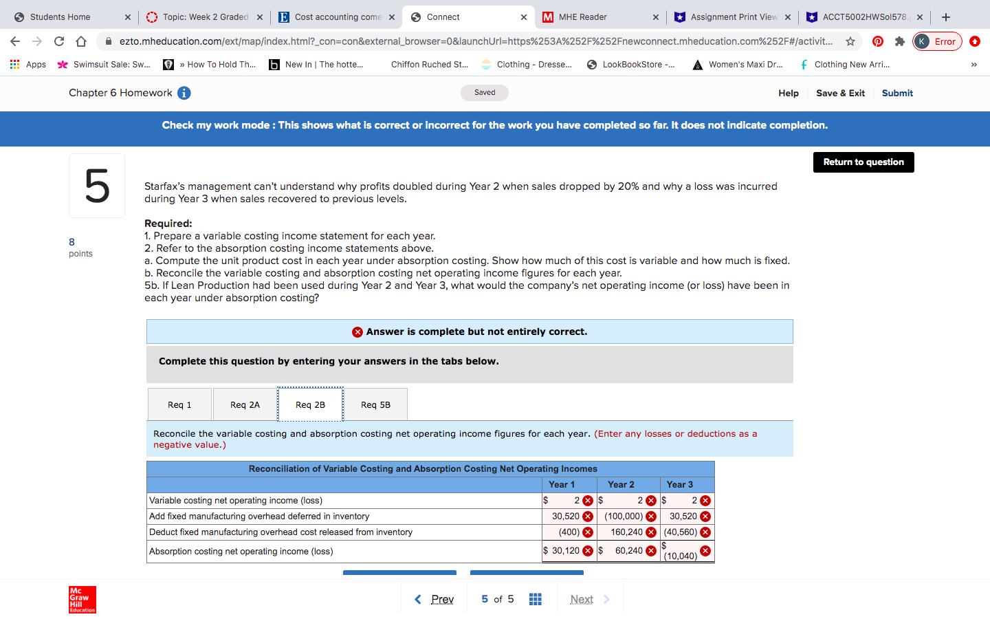absorption costing net operating income figures for each year 5B. If lean