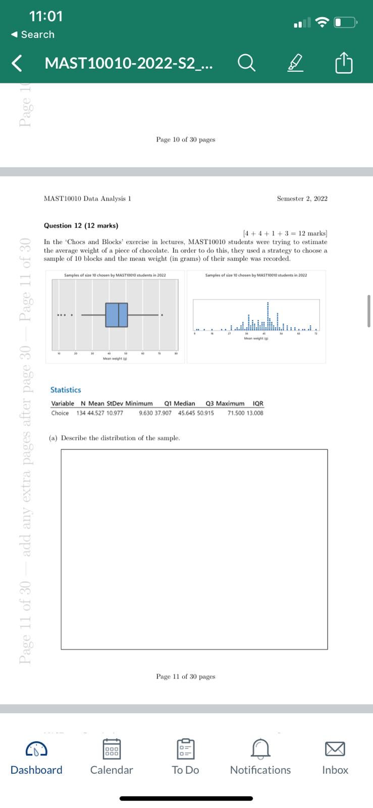 Analysis 1 Semester 2, 2022 (b) Calculate a 95% confidence interval, using