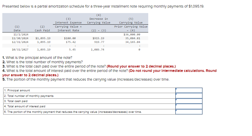  Presented below is a partial amortization schedule for a three-year Installment