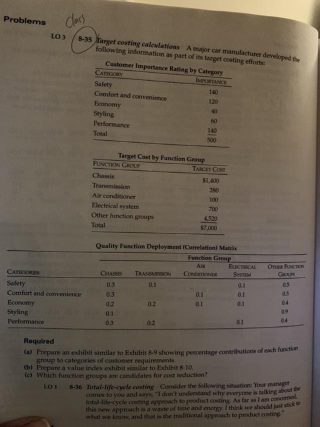 please answer question 8-35 Problems lars LO 3 8-35 Target costing calculations