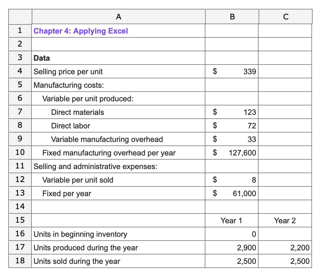  A B C Chapter 4: Applying Excel 2 3 Data 4