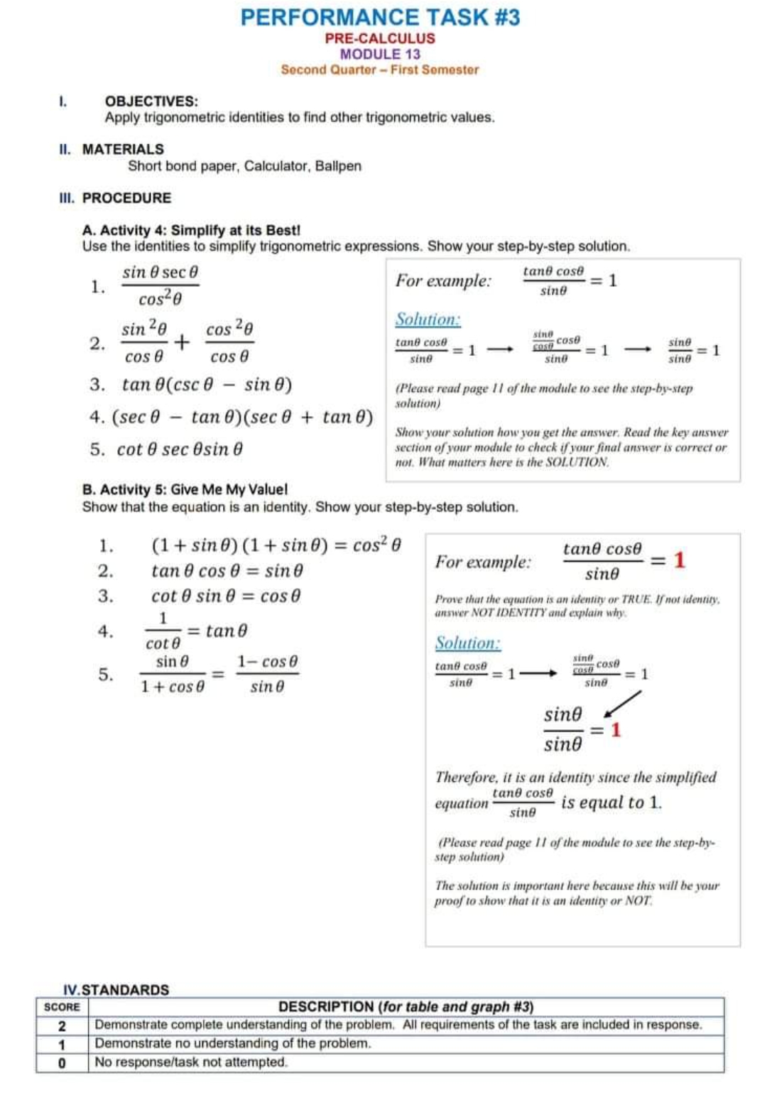  PERFORMANCE TASK #3 PRE-CALCULUS MODULE 13 Second Quarter - First Semester