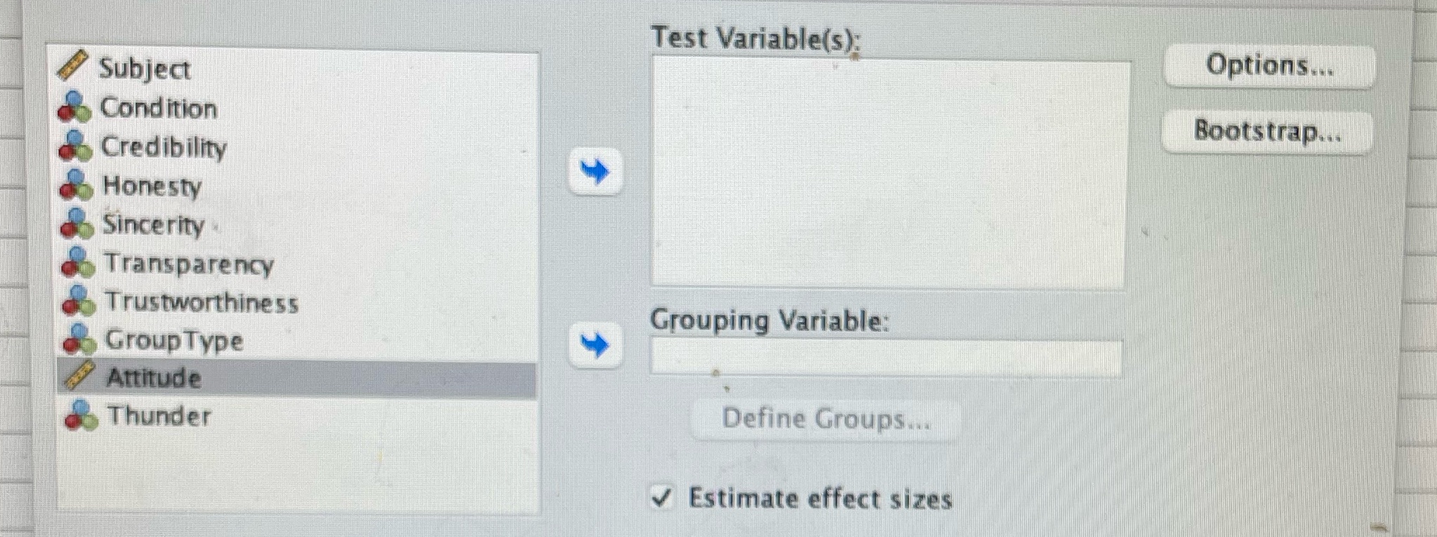 What are my test variables and grouping variable? This is the data