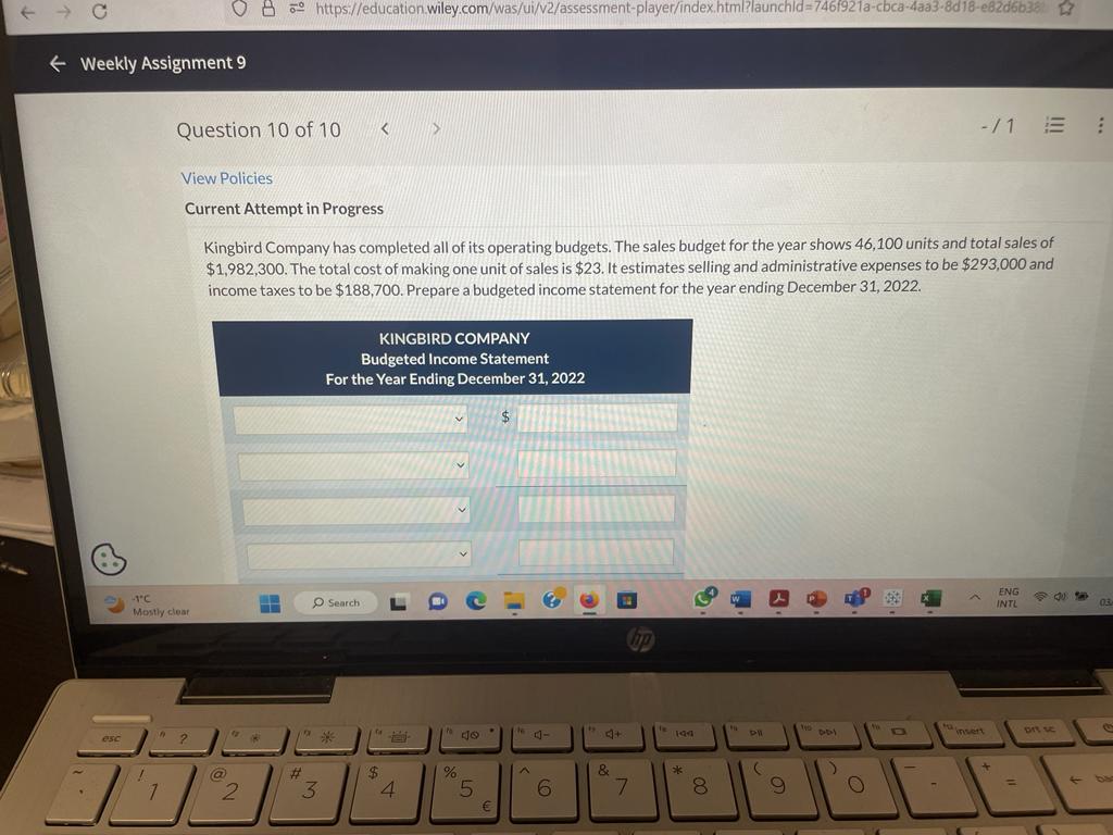 C https://education.wiley.com/was/ui/v2/assessment-player/index.html?launchld=7461921a-coca-4aa3-8d18-e82d6638 17 Weekly Assignment 9 Question 10 of 10 View