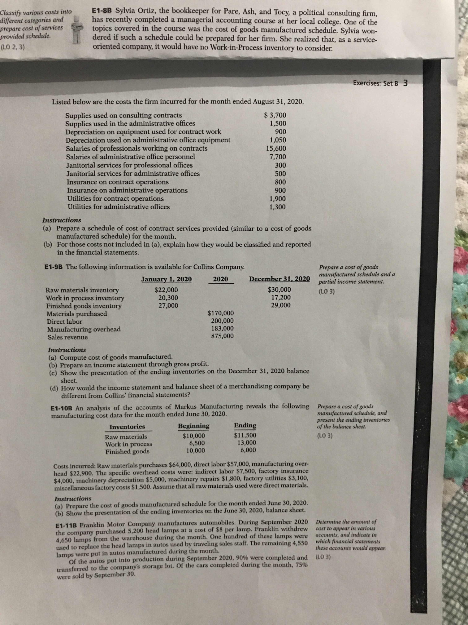 Pls help to provide answer Classify various costs into different categories and