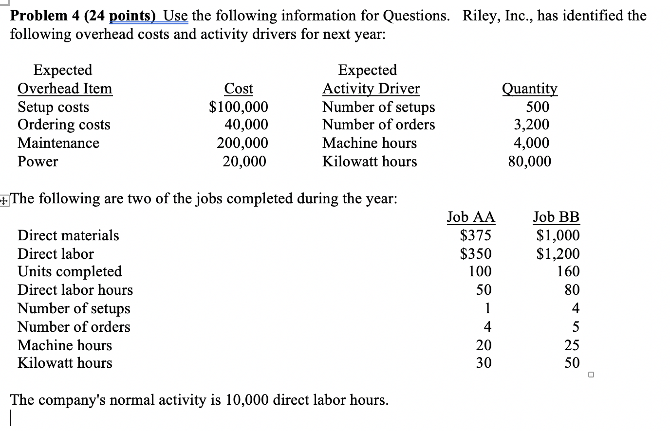 _I Problem 4 (24 points! Use the following information for Questions.