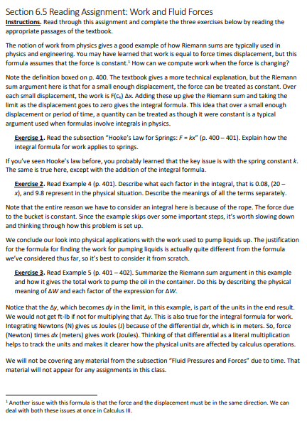 Section 6.5 Reading Assignment: Work and Fluid ForcesAnswer Only Exercise 1, 2,