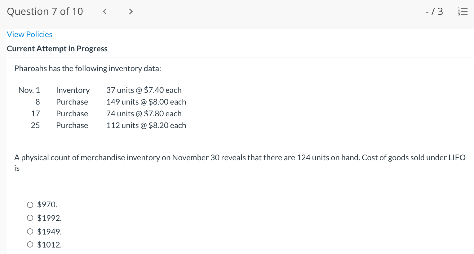Progress Vaughn has the following inventory data: Nov. 1 Inventory 31 units