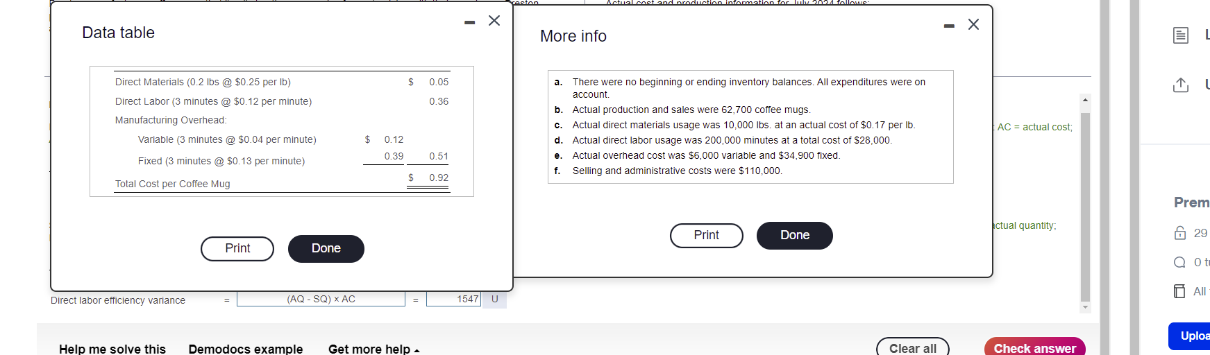  - X Data table - X More info E Direct Materials