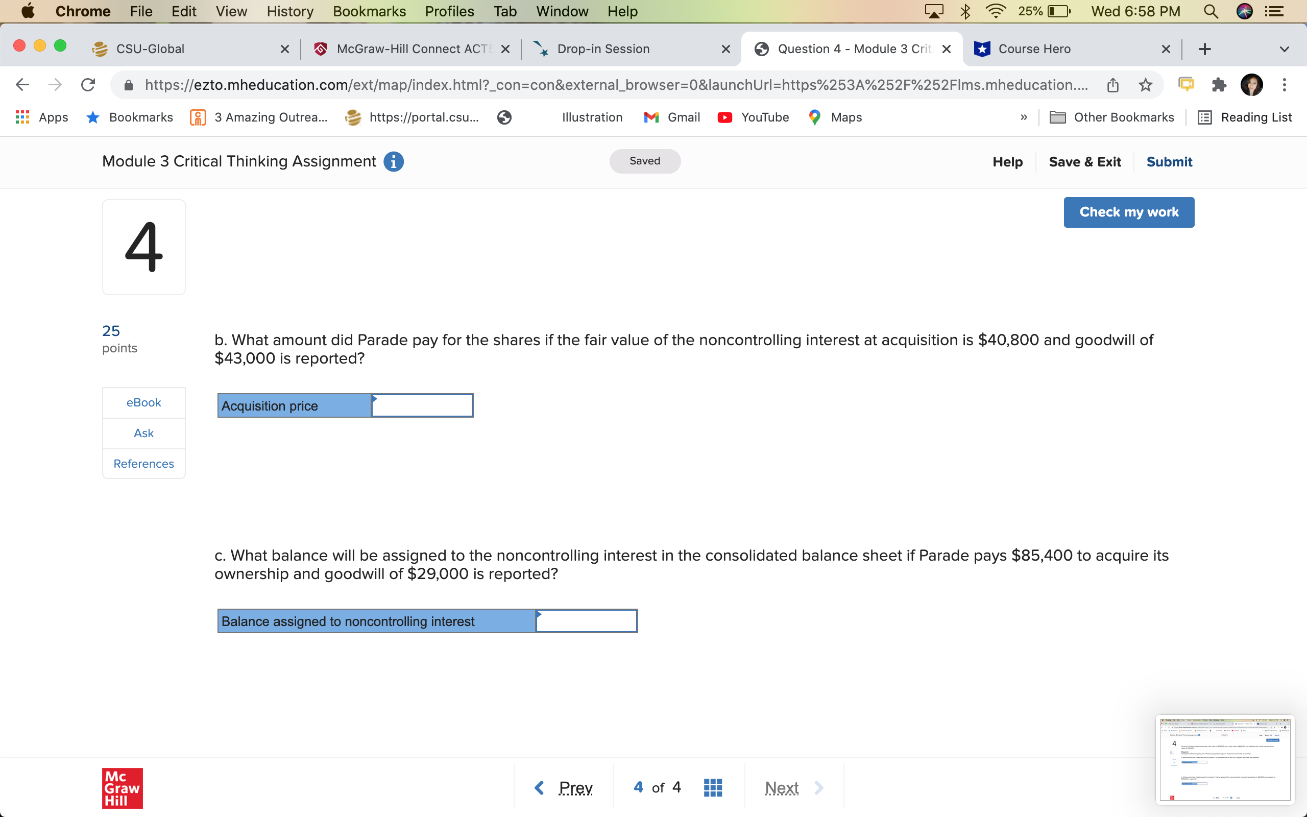 Window Help 25% Wed 6:58 PM Q DE CSU-Global x McGraw-Hill Connect