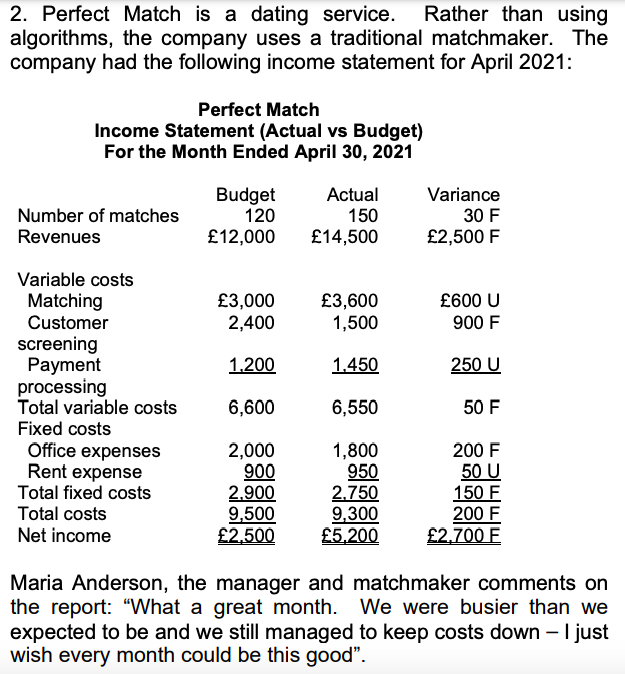 2. Perfect Match is a dating service. Rather than using algorithms,