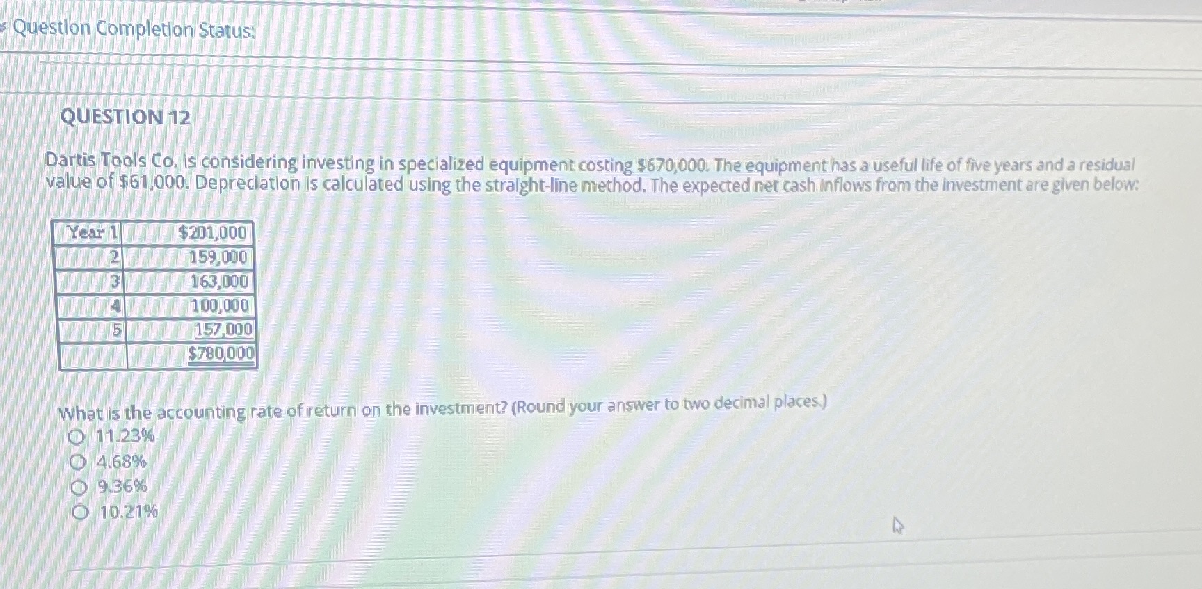 Question Completion Status: QUESTION 12 Dartis Tools Co. is considering investing