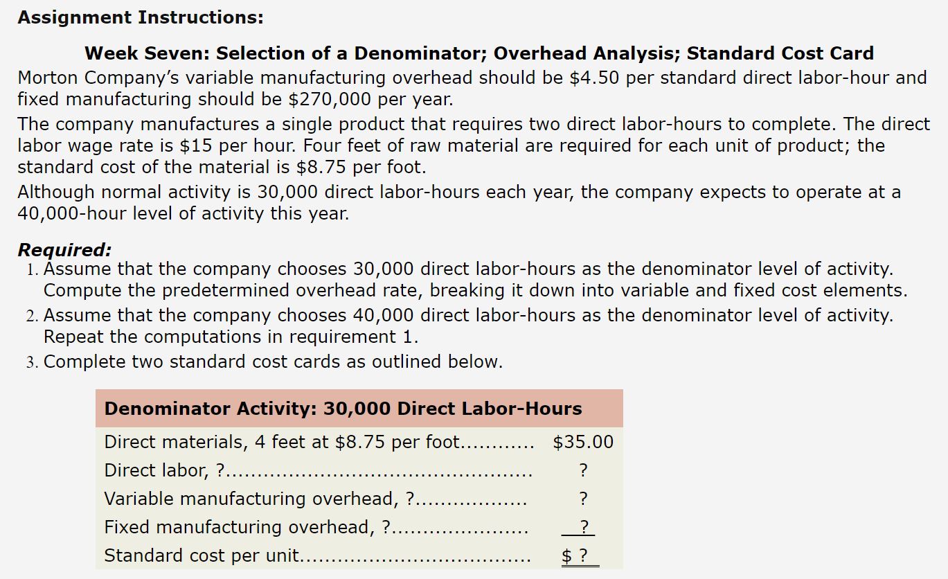 Assignment Instructions: Week Seven: Selection of a Denominator; Overhead Analysis; Standard Cost