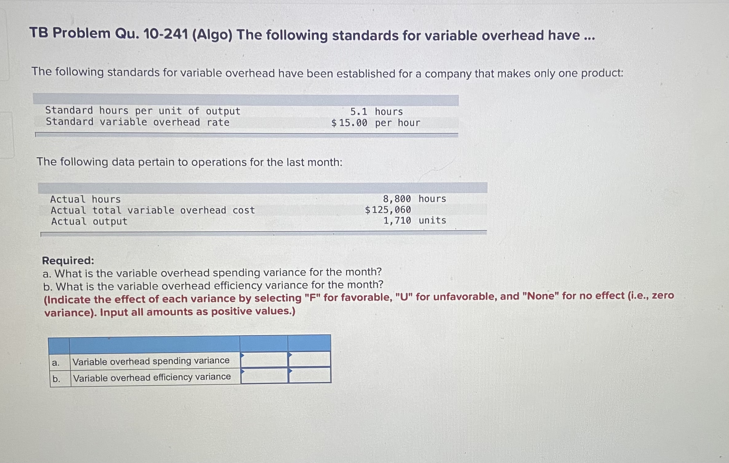  TB Problem Qu. 10-241 (Algo) The following standards for variable overhead
