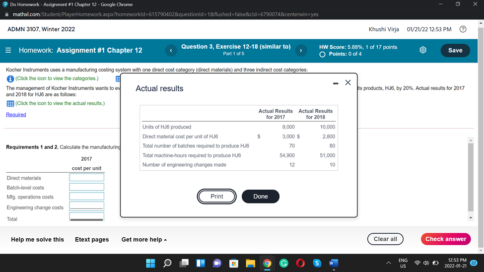 Assignment #1 Chapter 12 Question 3, Exercise 12-18 (similar to) HW Score: