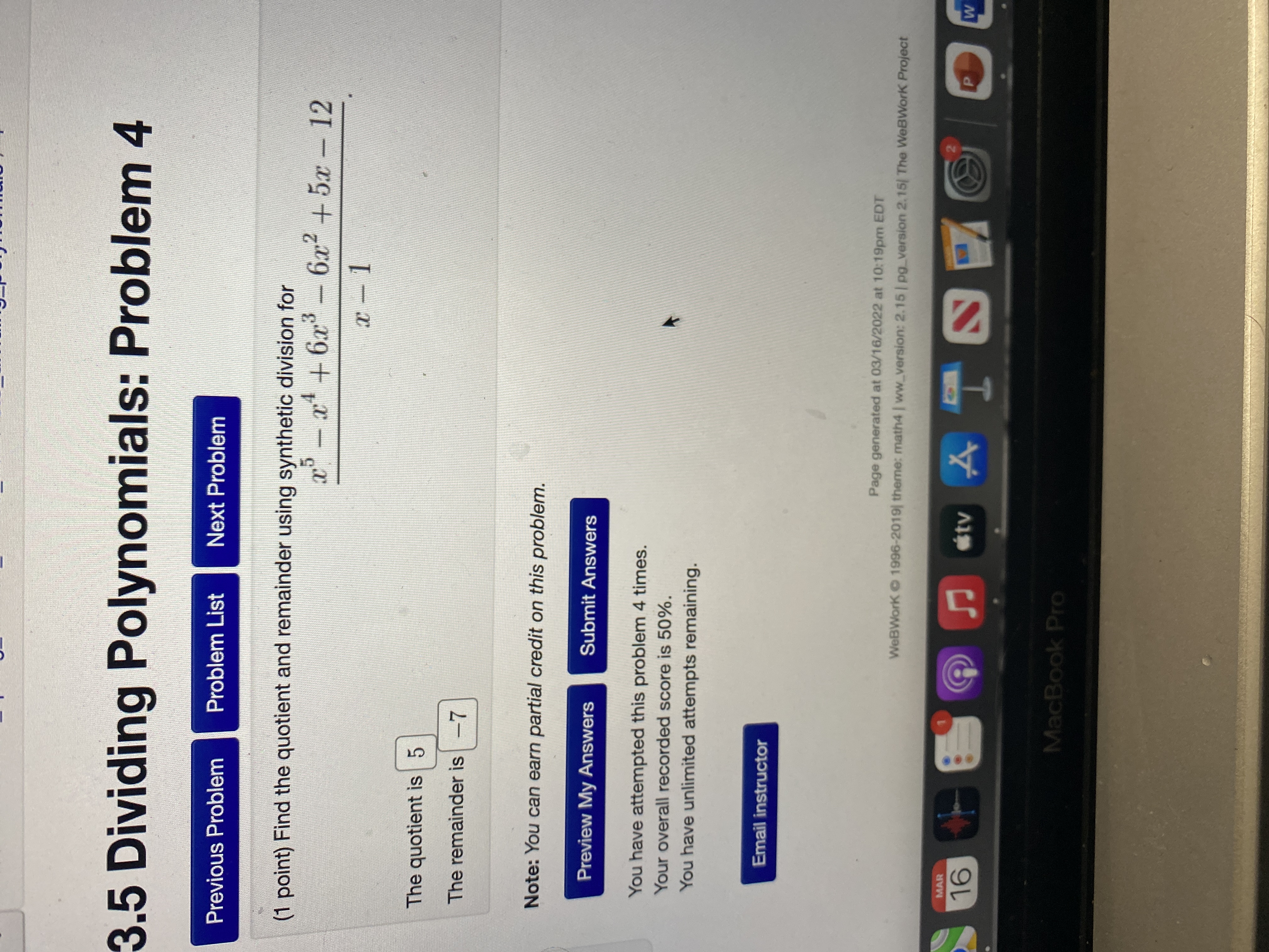  3.5 Dividing Polynomials: Problem 4 Previous Problem Problem List Next Problem