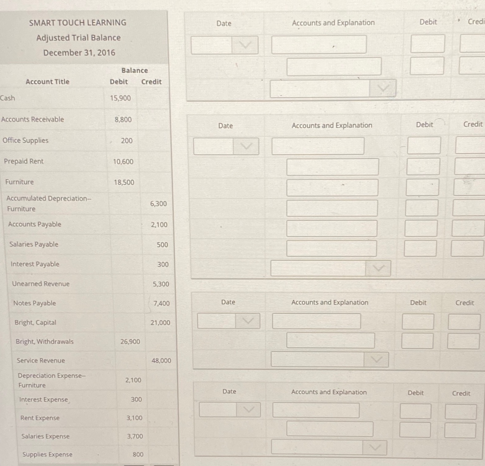 Using the information from the adjusted trial balance, journalize the closing entries