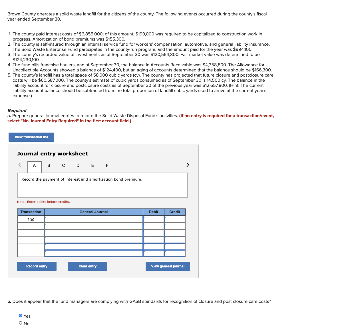 Prepare general journal entries Brown County operates a solid waste landll for