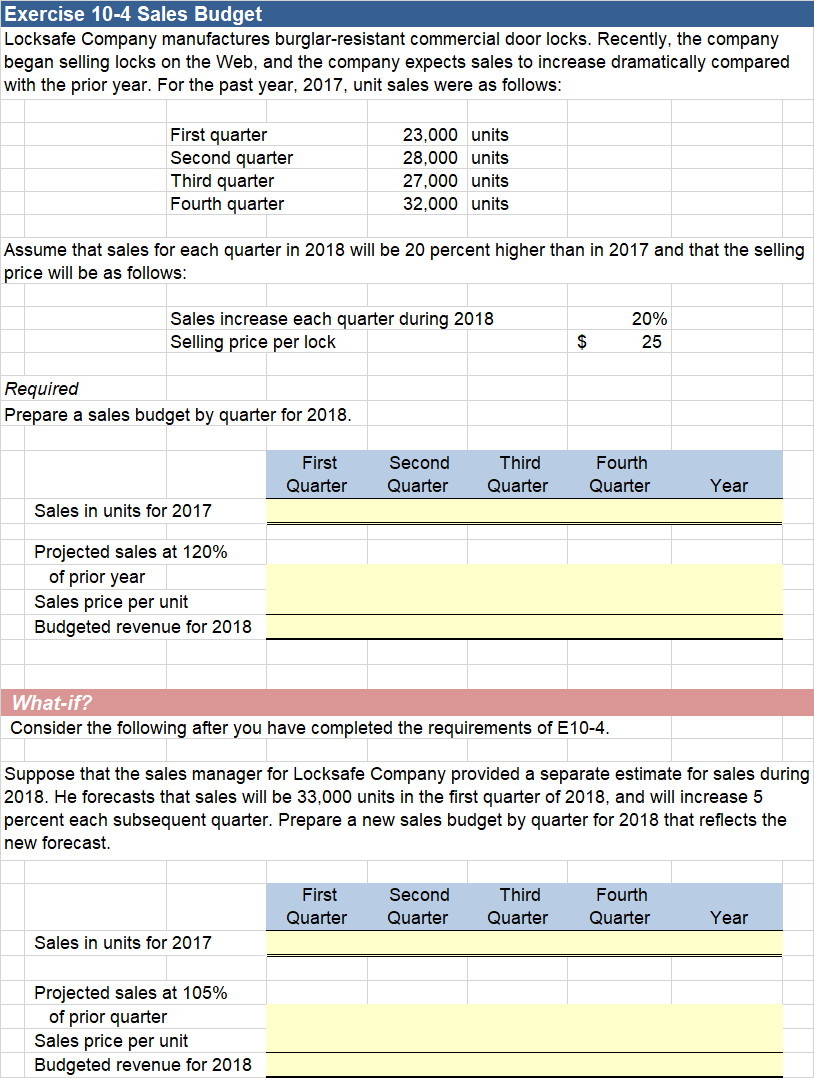 This is the question I need help with: Exercise 10-4 Sales Budget