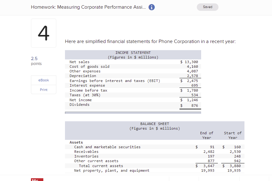 Need help with this question Homework: Measuring Corporate Performance Assi... Saved 4