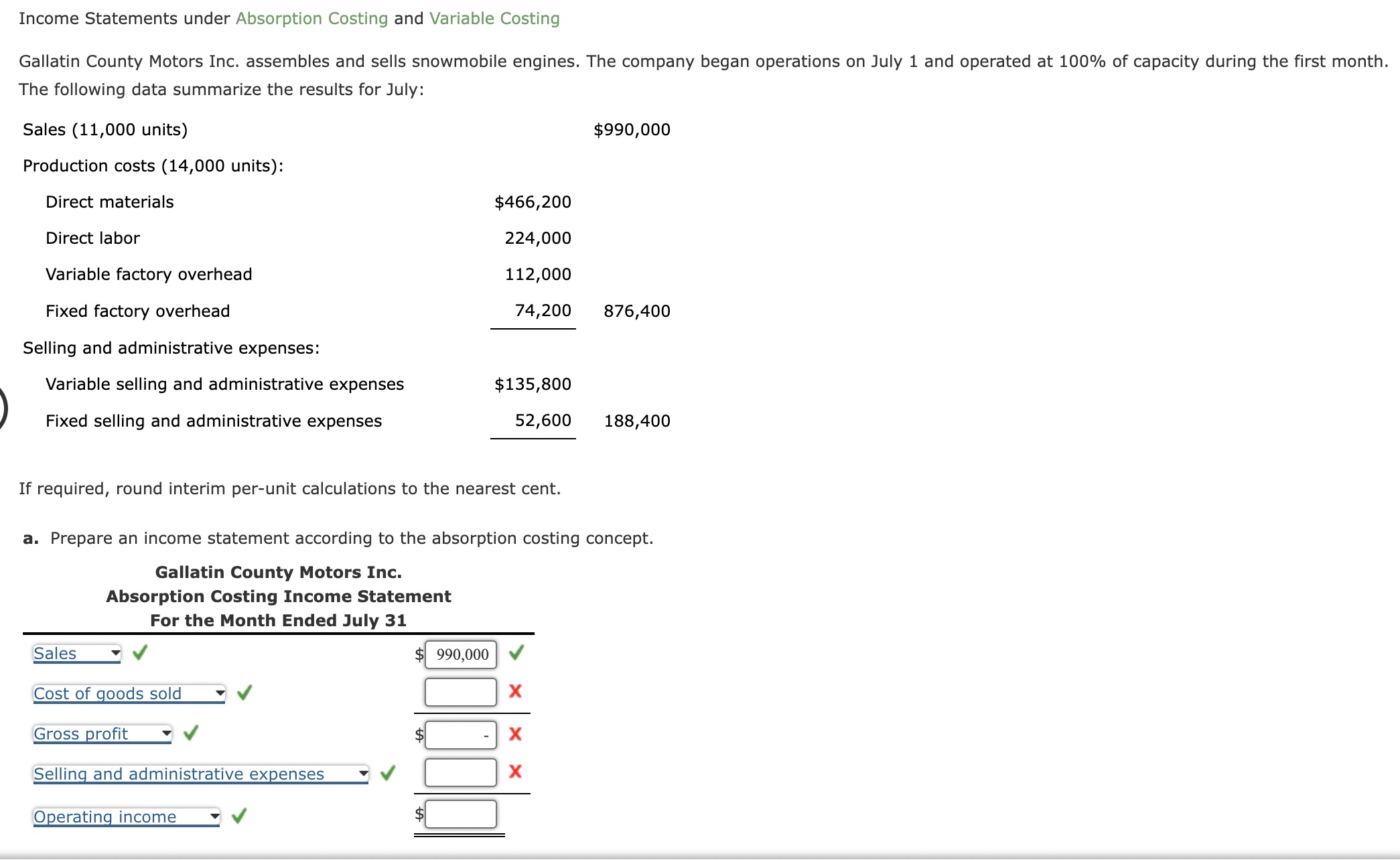 Gallatin County Motors Inc. Variable Costing Income Statement For the Month Ended