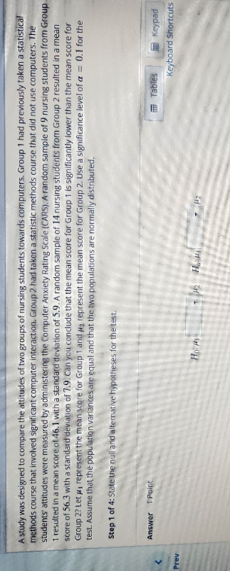 4 step problem:1. State the knoll and alternative hypothesis for the test.2.