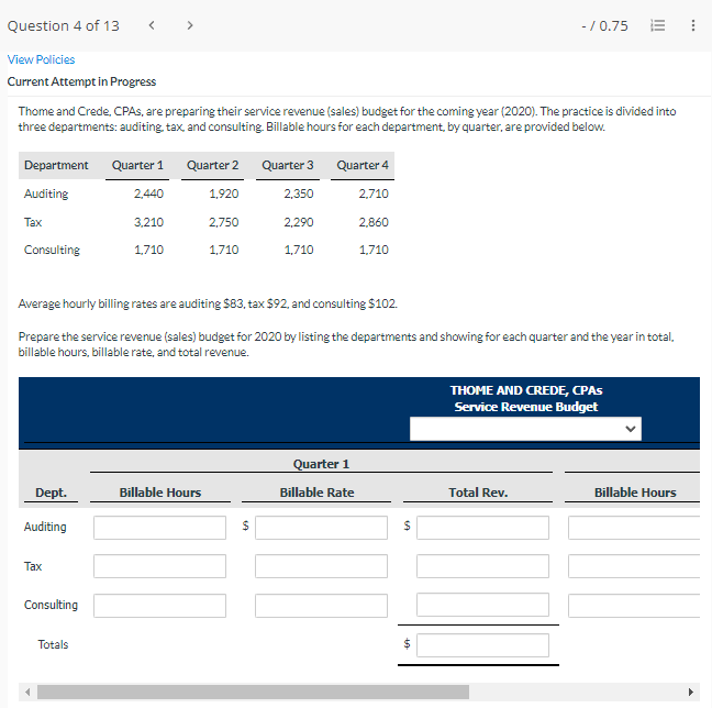 Question 4 of 13 - /0.75 E View Policies Current Attempt