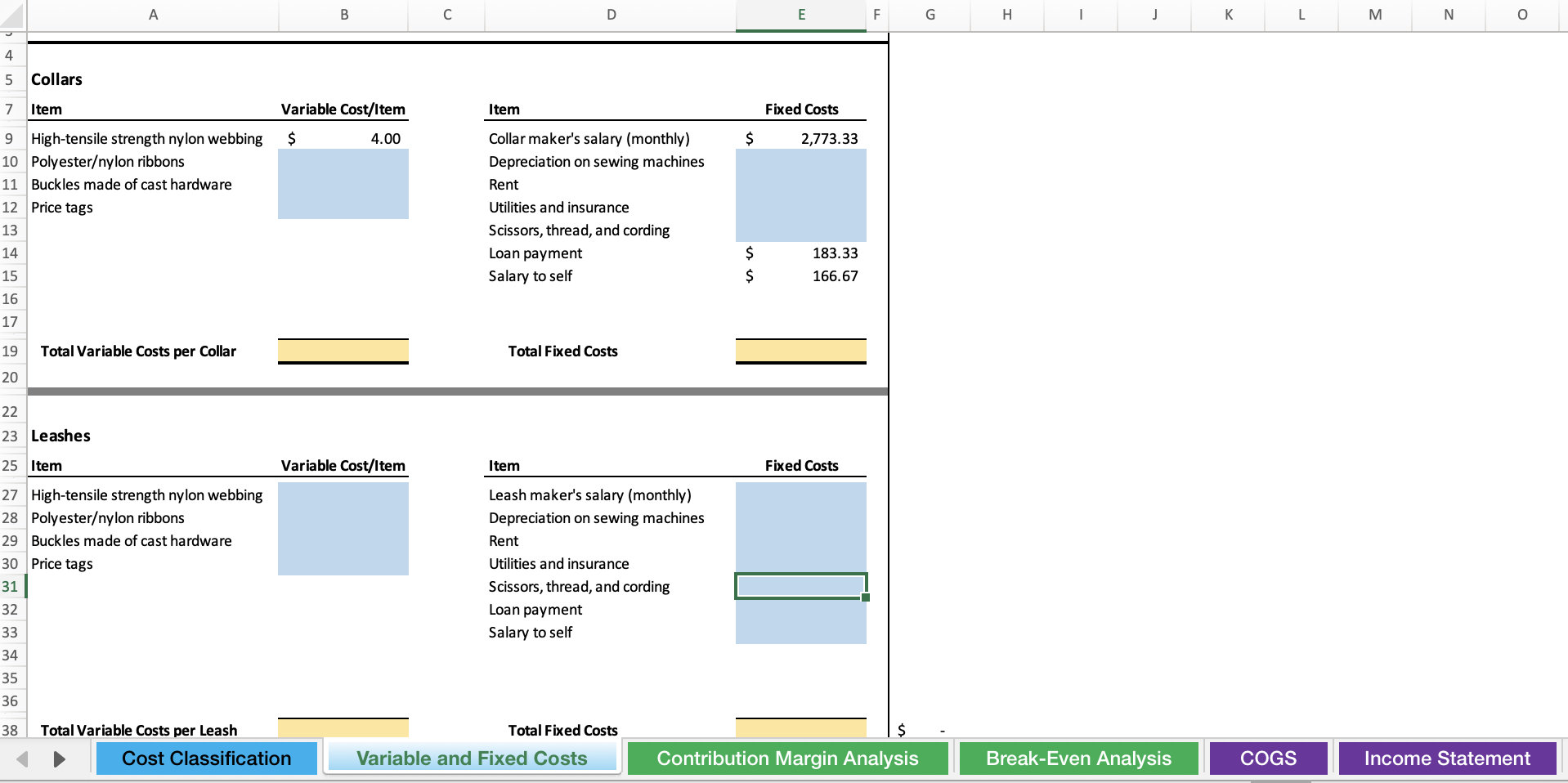 After some research and planning, you have estimates for the various operating