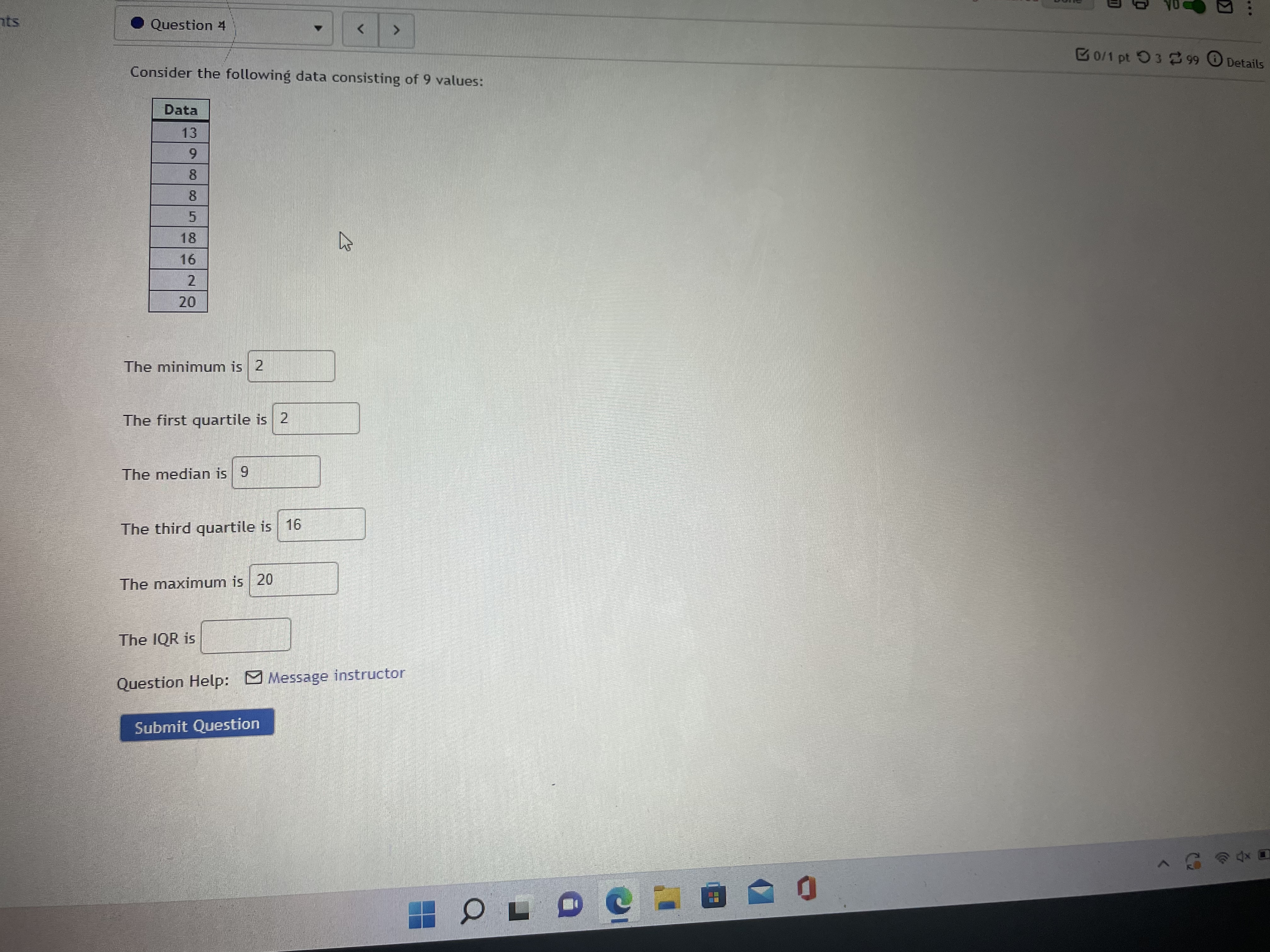 data represents the GPA of a sample of 15 students enrolled in