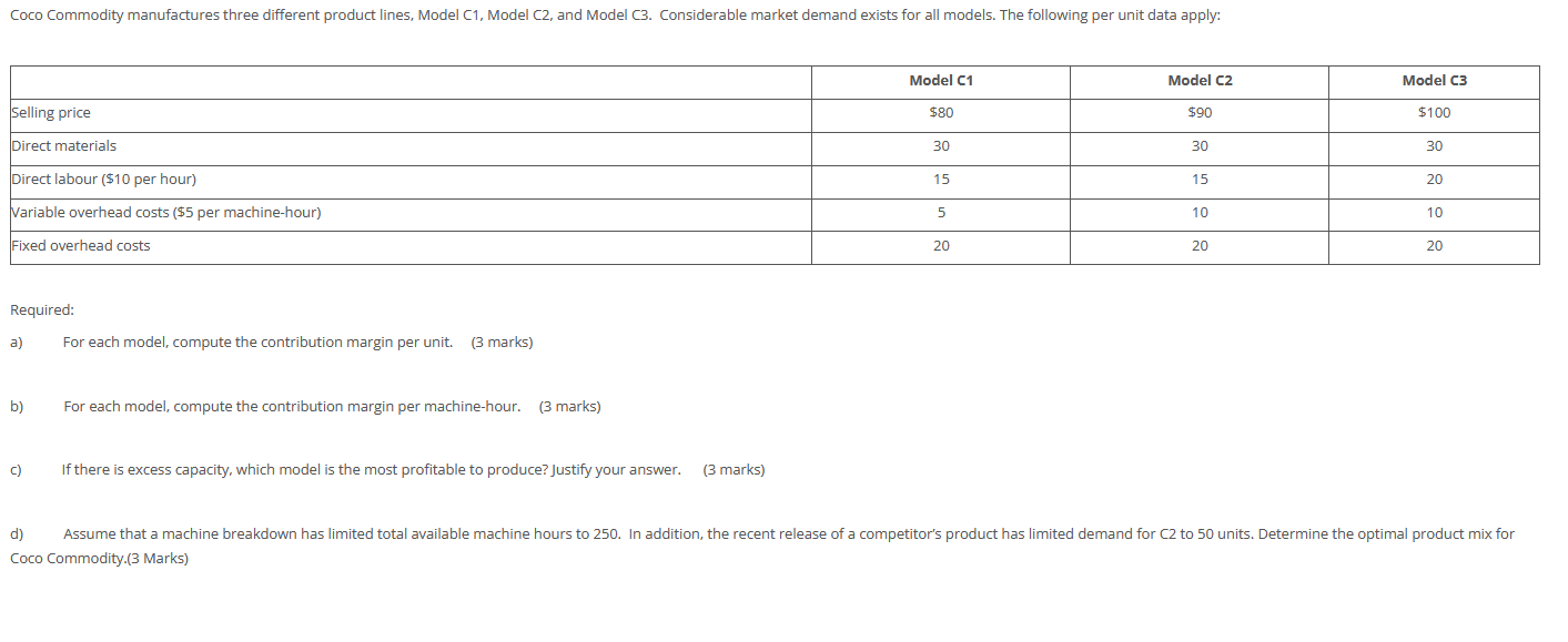  Coco CommodityI manufactures three different product lines. Model C1, Model C2.