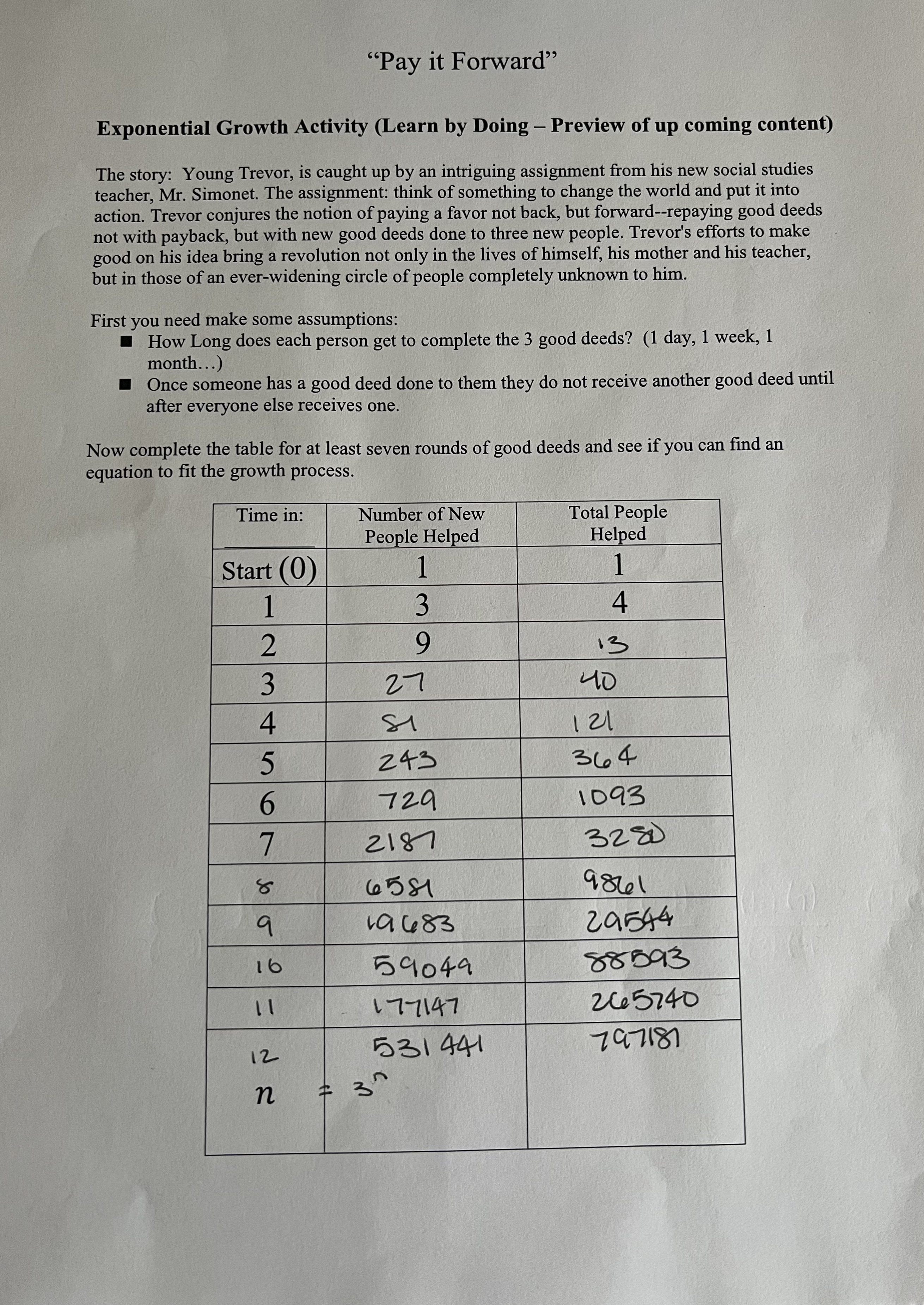  "Pay it Forward" Exponential Growth Activity (Learn by Doing - Preview