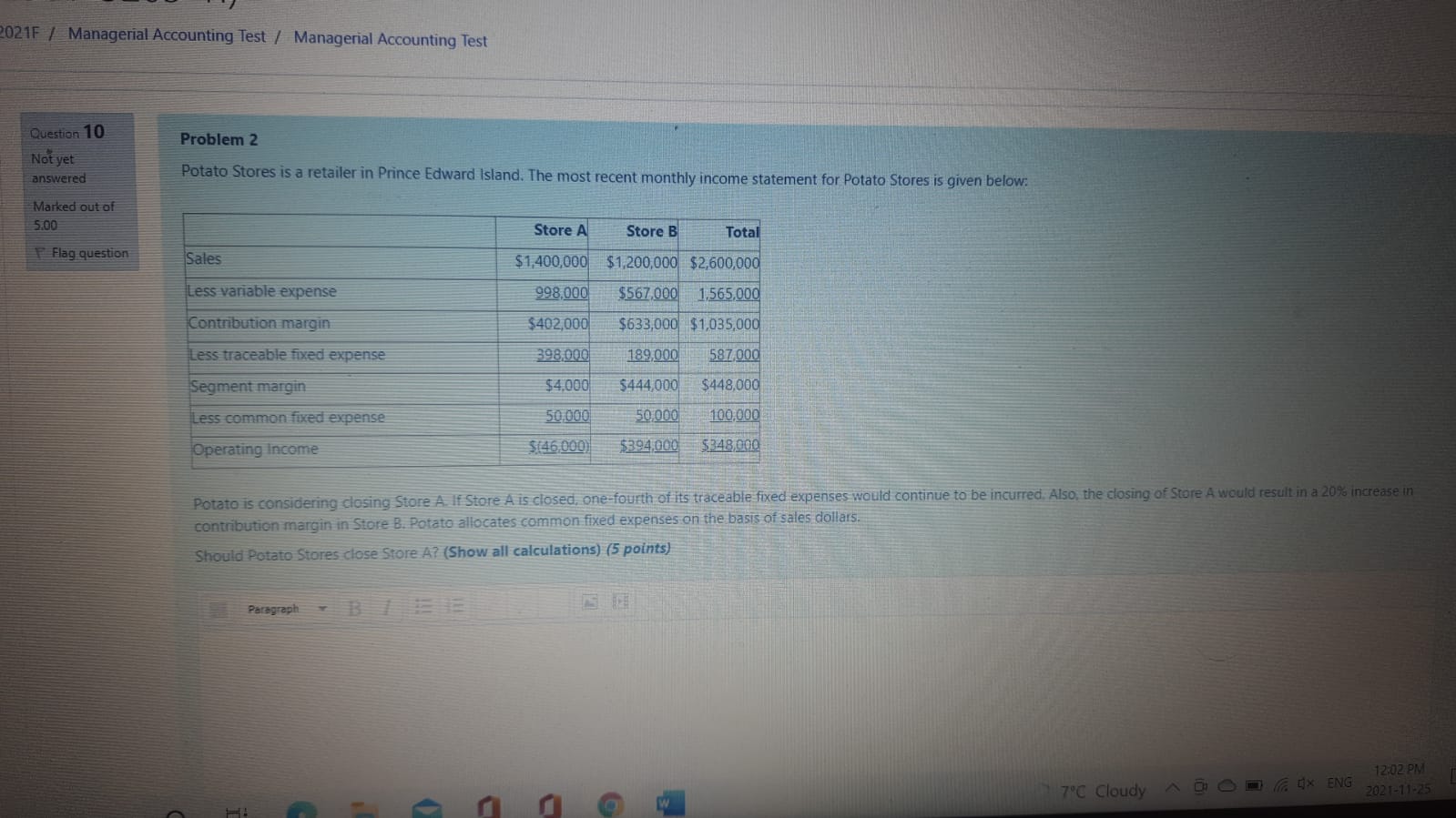 021F / Managerial Accounting Test / Managerial Accounting Test Question 10