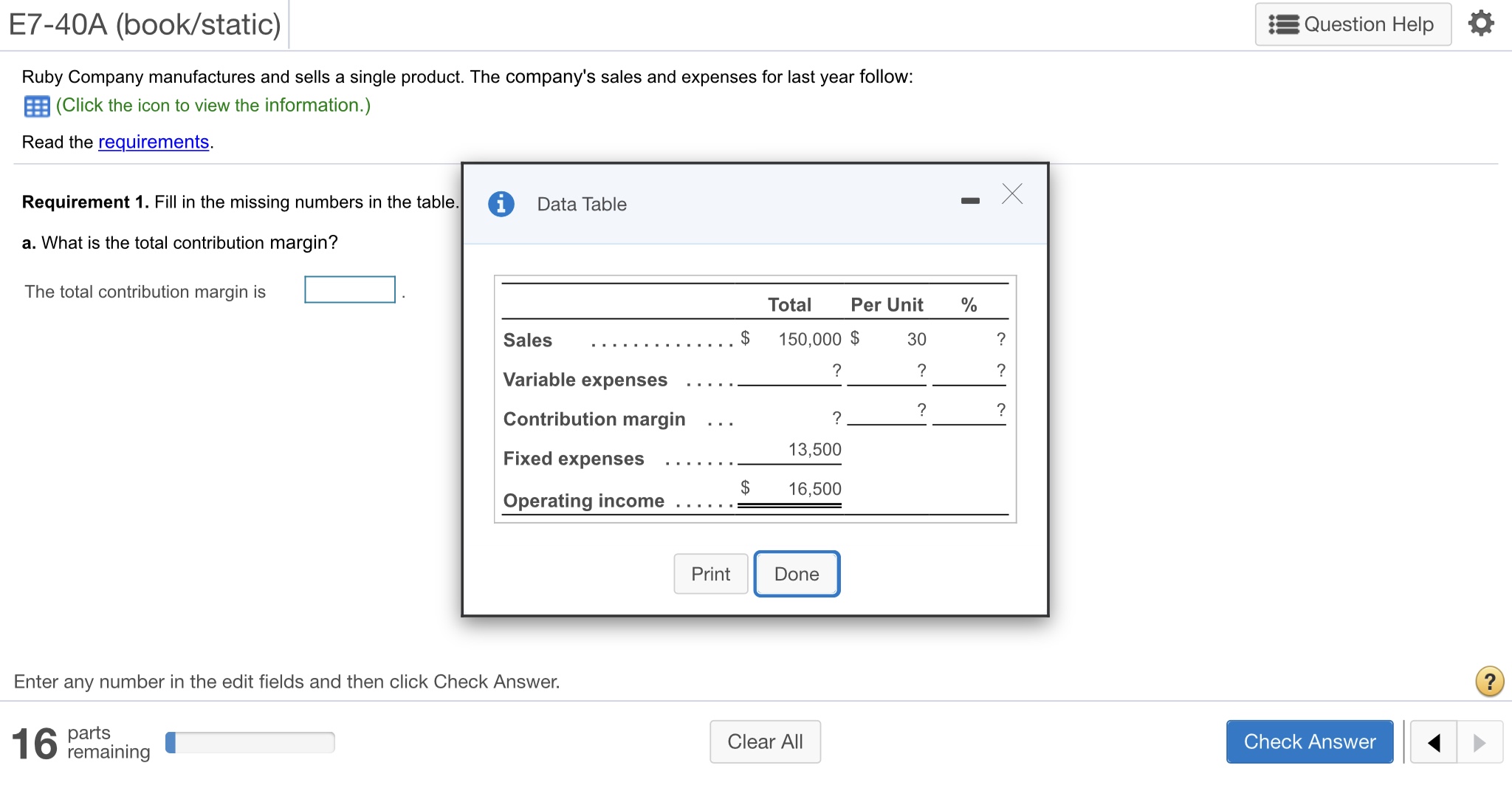 Please help E7-40A (book/static) Question Help Ruby Company manufactures and sells a